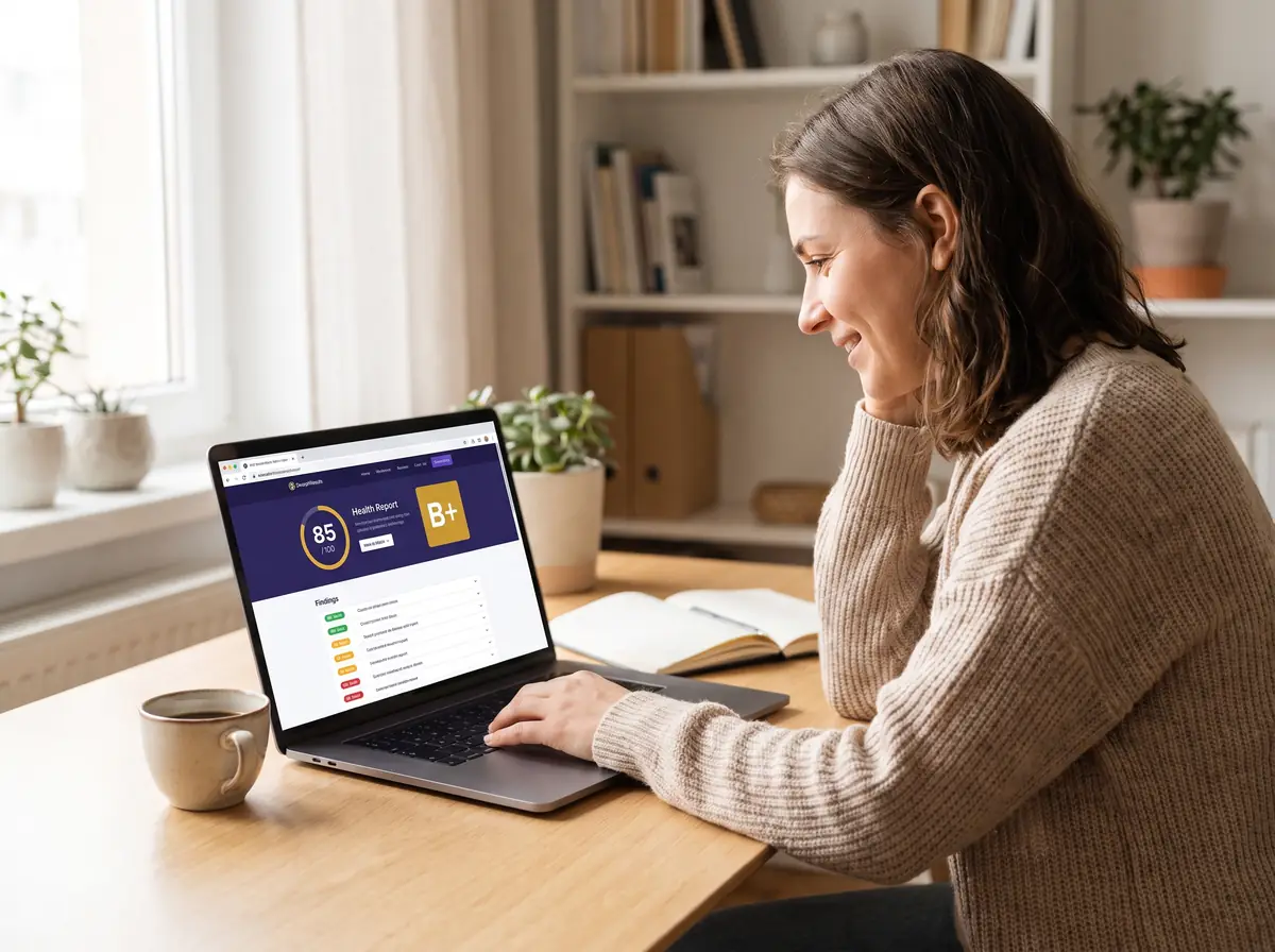 A business owner at a desk reviewing their website health report — score dial, grade, and findings — on a laptop